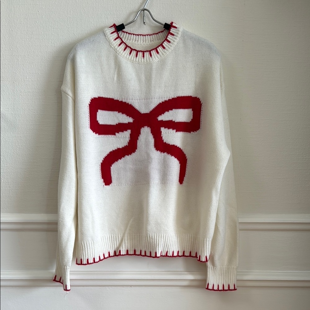White and Red Bow Sweater size L